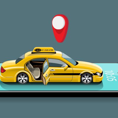 Online application for call taxi service by smart phone and set location for destination and location for taxi driver. Business and online taxi service concept vector illustration in flat style.